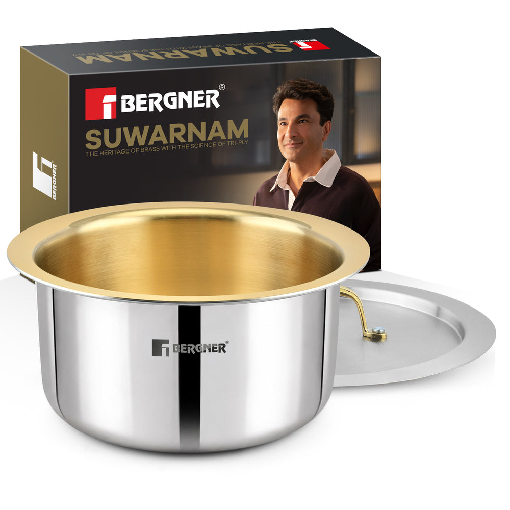 Suwarnam Triply Brass Tope with Stainless Steel Lid, 16cm (1.8L) | Induction