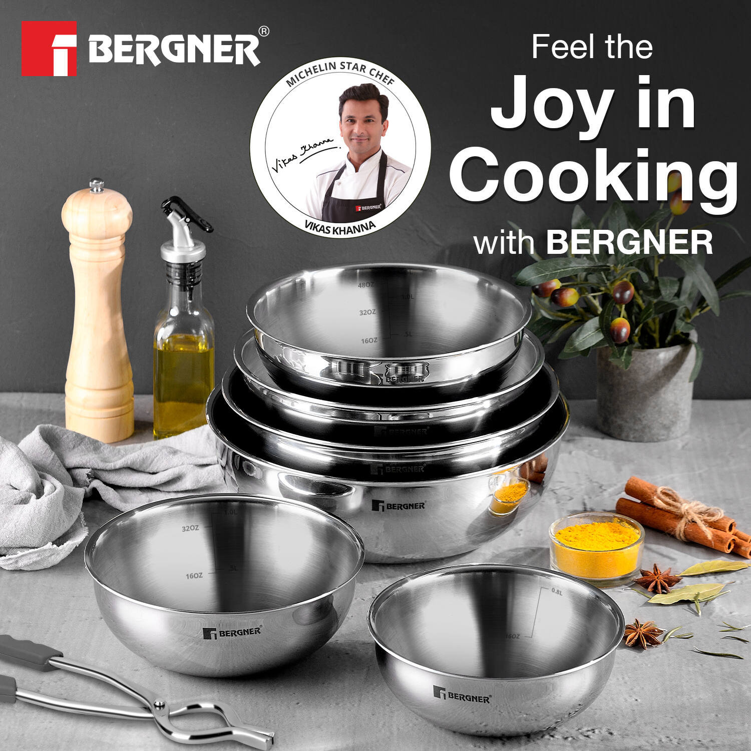 Bergner Argent Tri-Ply Stainless Steel 22cm Tasra without Lid, Less Oil Use - Induction Bottom (5-Year Warranty)