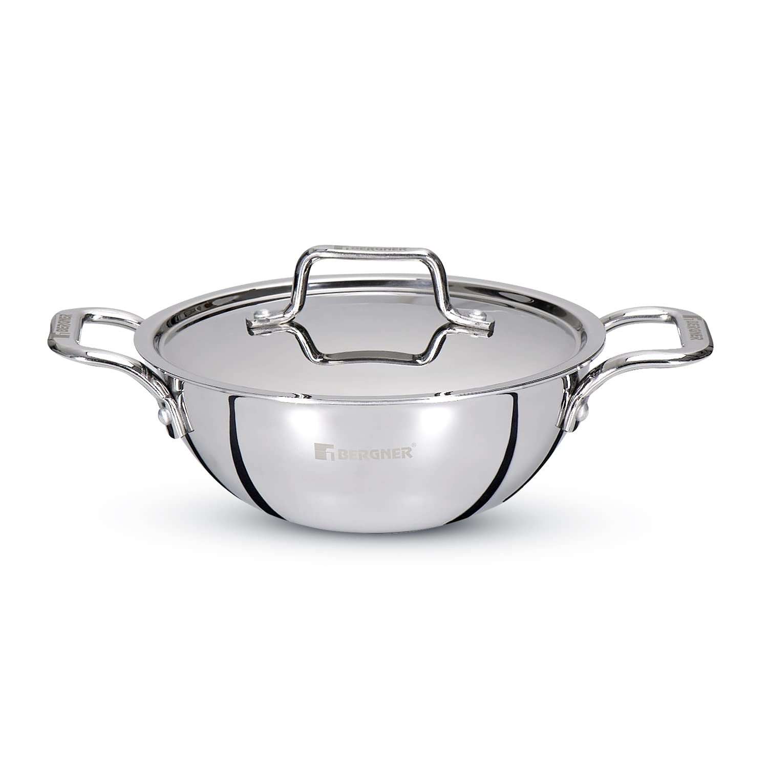 Bergner TriPro Tri-Ply Stainless Steel Kadai with Stainless Steel Lid, 2.5mm Body Thickness - Induction Bottom (5-Year Warranty)