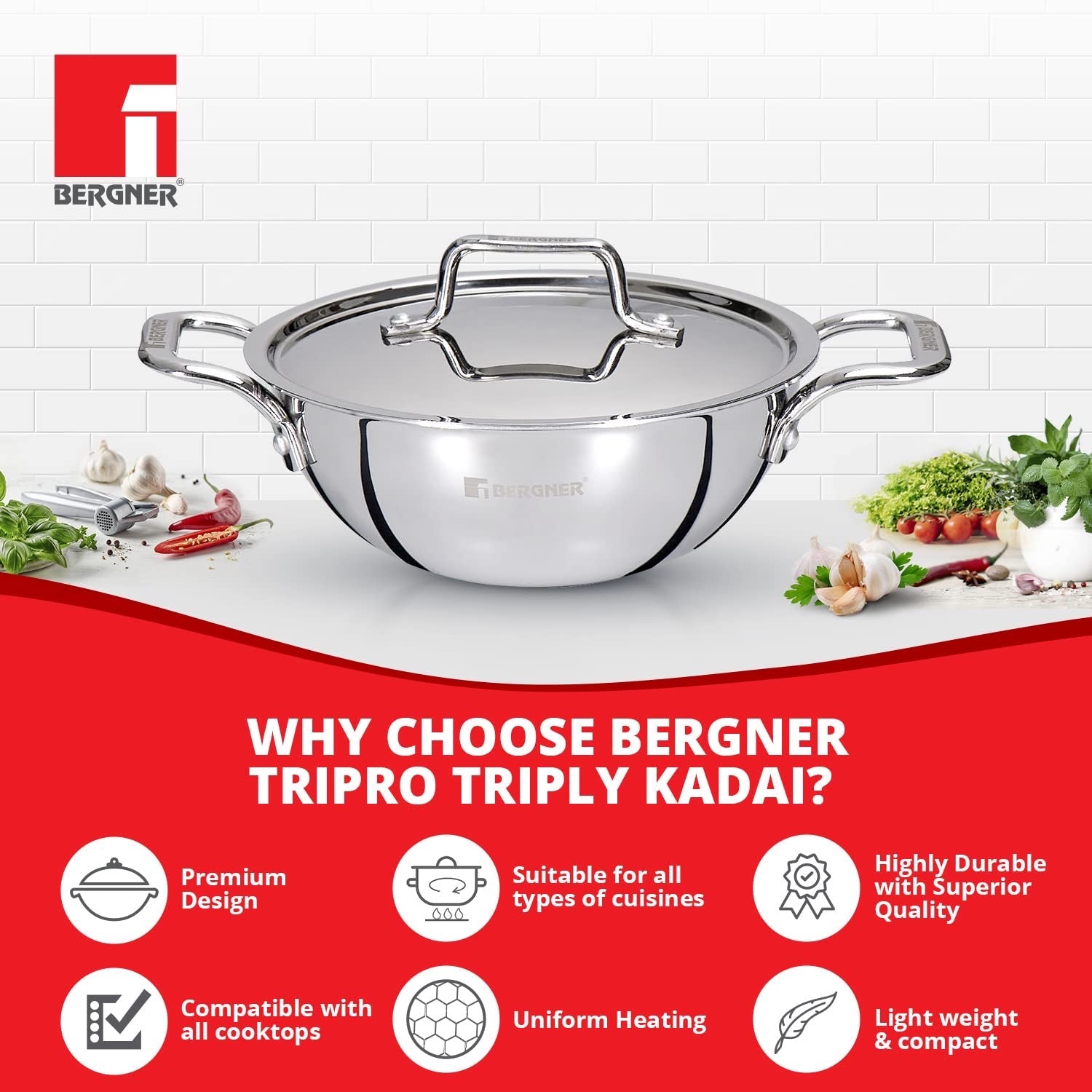 Bergner TriPro Tri-Ply Stainless Steel Kadai with Stainless Steel Lid, 2.5mm Body Thickness - Induction Bottom (5-Year Warranty)