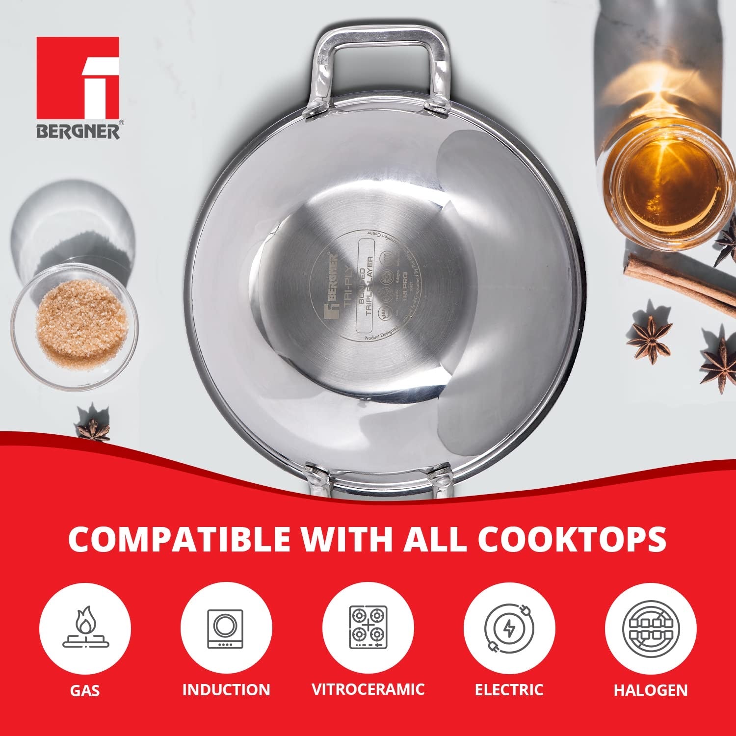 Bergner TriPro Tri-Ply Stainless Steel Kadai with Stainless Steel Lid, 2.5mm Body Thickness - Induction Bottom (5-Year Warranty)