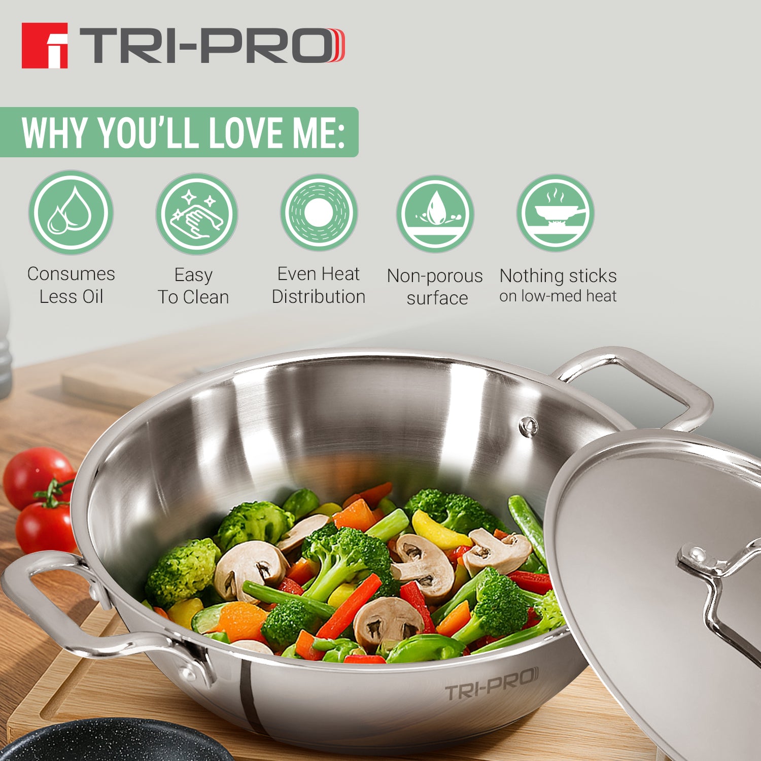 TriPro Tri-Ply Stainless Steel Kadai 24cm (3L)