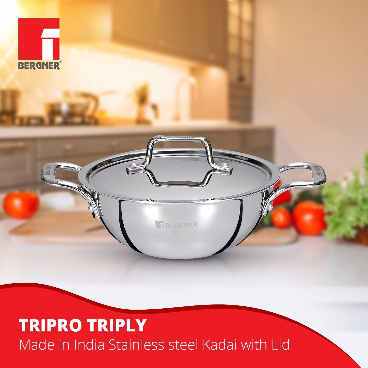 Bergner TriPro Tri-Ply Stainless Steel Kadai with Stainless Steel Lid, 2.5mm Body Thickness - Induction Bottom (5-Year Warranty)
