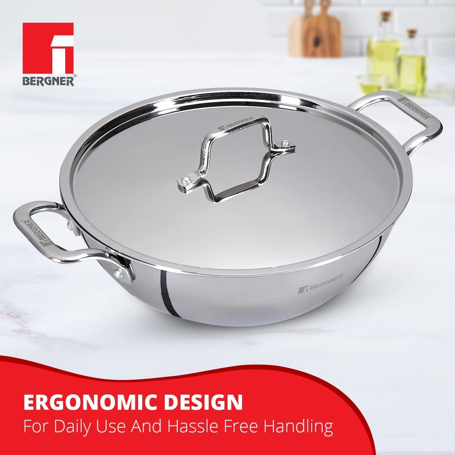 Bergner TriPro Tri-Ply Stainless Steel Kadai with Stainless Steel Lid, 2.5mm Body Thickness - Induction Bottom (5-Year Warranty)