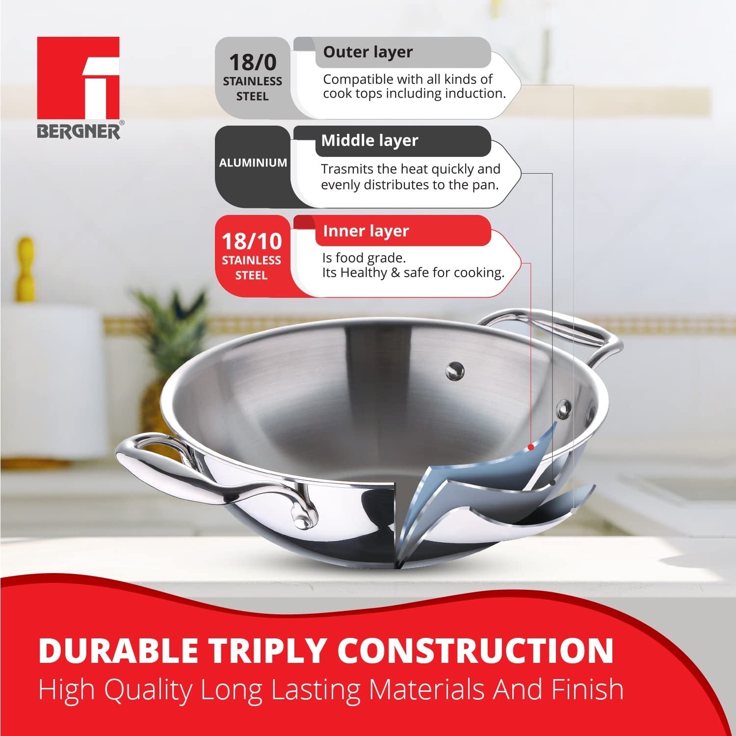 Bergner TriPro Tri-Ply Stainless Steel Kadai with Stainless Steel Lid, 2.5mm Body Thickness - Induction Bottom (5-Year Warranty)