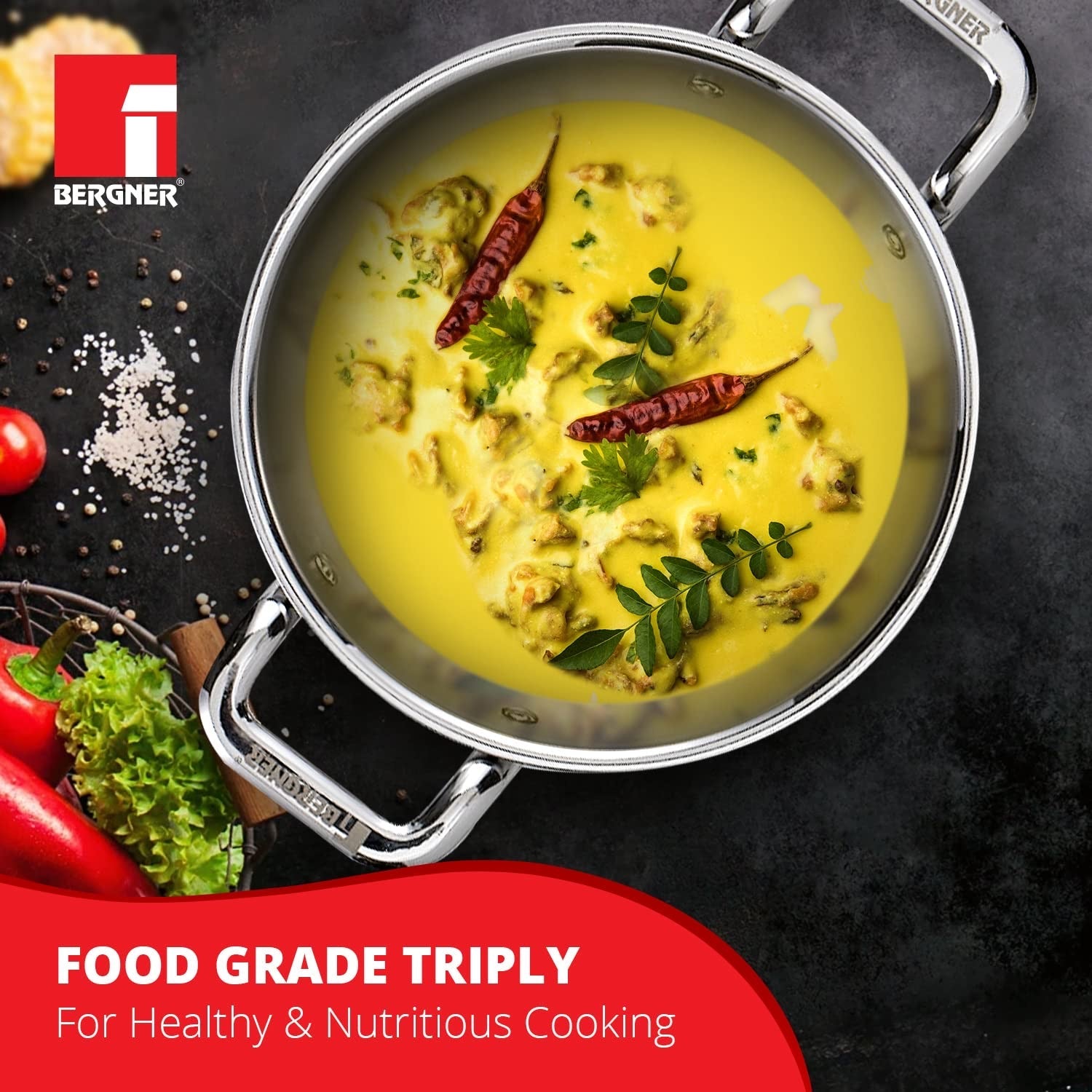 Bergner TriPro Tri-Ply Stainless Steel Kadai with Stainless Steel Lid, 2.5mm Body Thickness - Induction Bottom (5-Year Warranty)