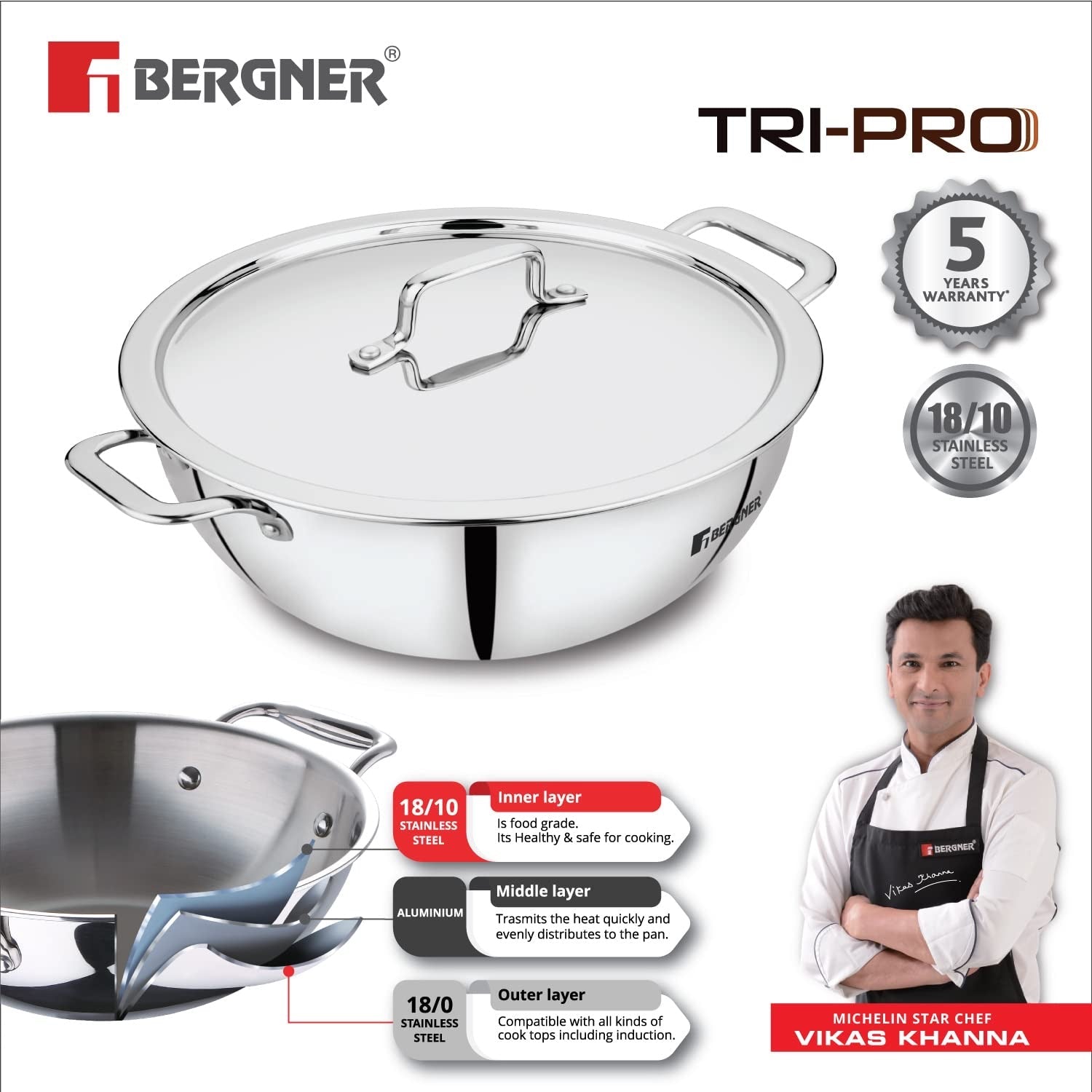 TriPro Tri-Ply Stainless Steel 5 Pcs Cookware Set
