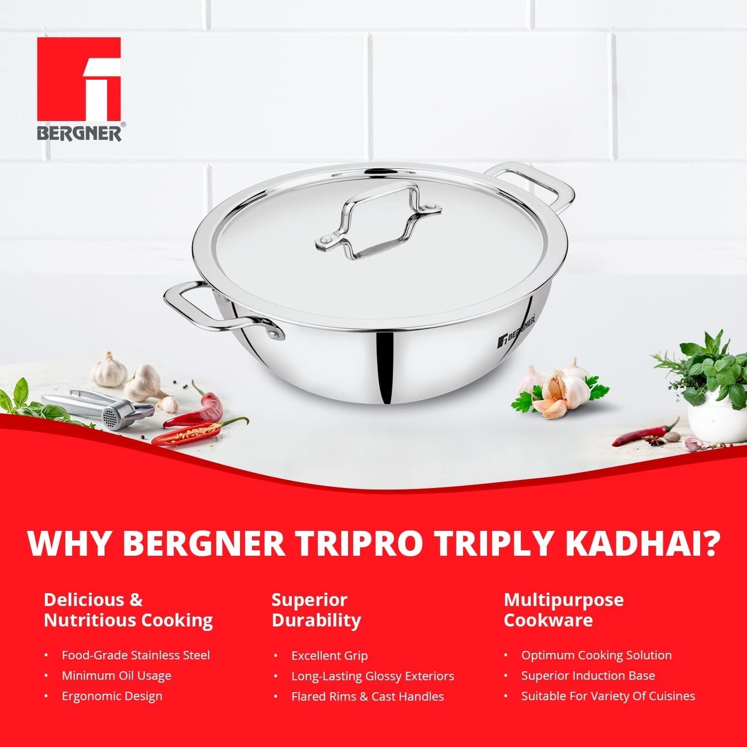 Bergner TriPro Tri-Ply Stainless Steel 4 Pcs Cookware Set - Induction Bottom (5-Year Warranty)