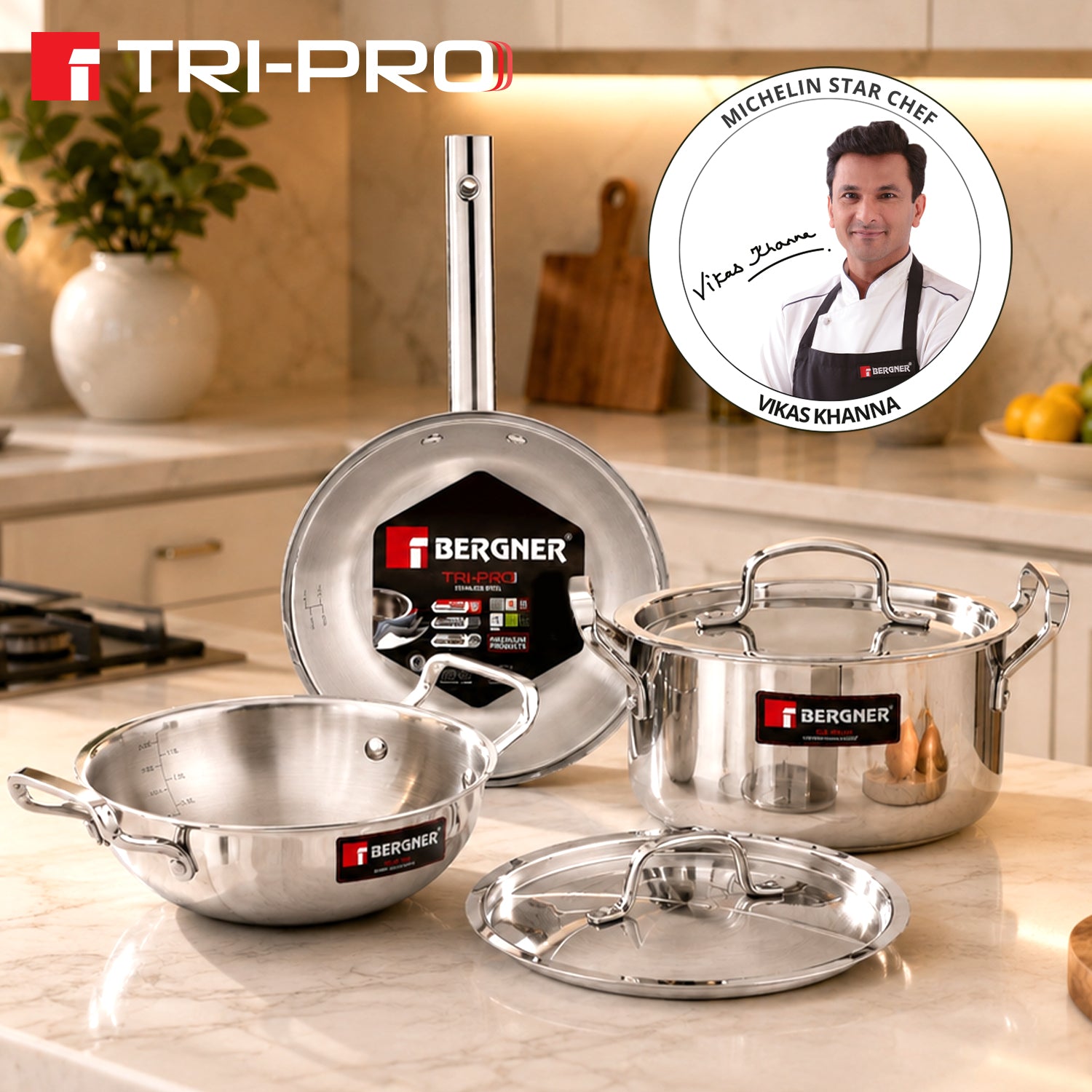 TriPro 4 pcs Tri-Ply Stainless Steel Cookware Set