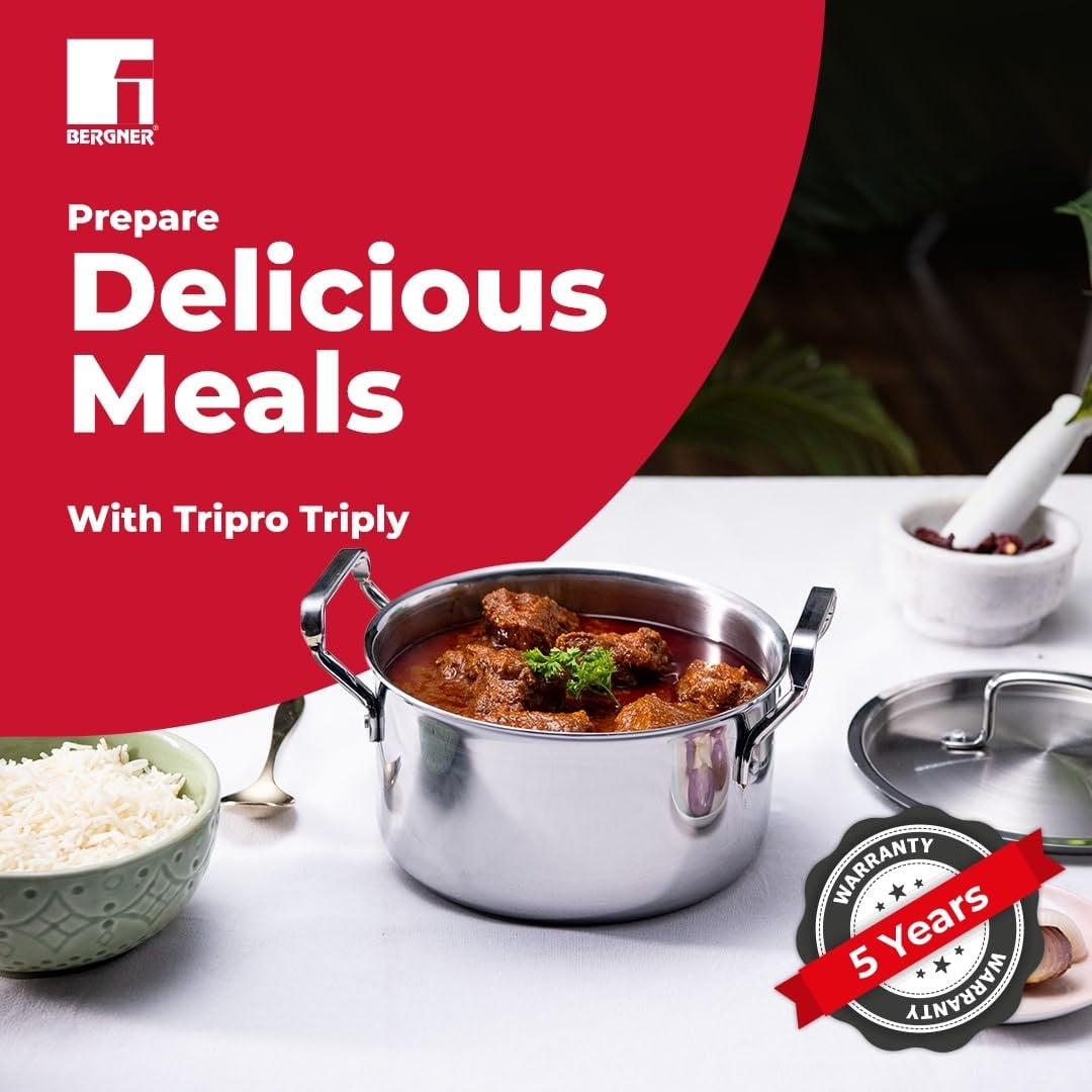 Bergner TriPro Tri-Ply Cook and Serve Casserole with Stainless Steel Lid, 2.5mm Body Thickness - Induction Bottom (5-Year Warranty)