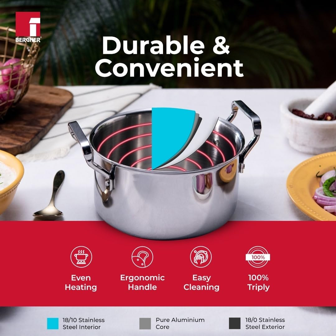 Bergner TriPro Tri-Ply Cook and Serve Casserole with Stainless Steel Lid, 2.5mm Body Thickness - Induction Bottom (5-Year Warranty)