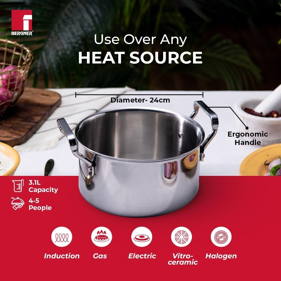 Bergner TriPro Tri-Ply Cook and Serve Casserole with Stainless Steel Lid, 2.5mm Body Thickness - Induction Bottom (5-Year Warranty)