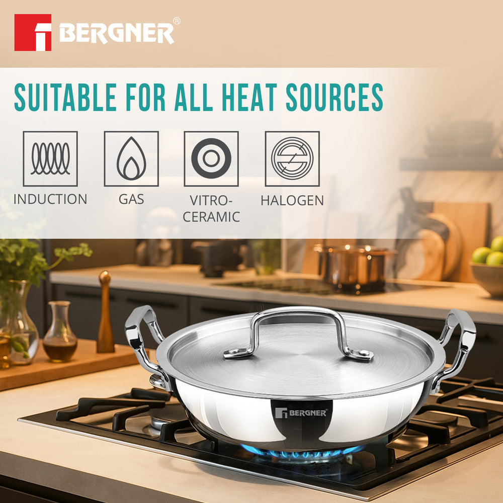Bergner TriPro Tri-Ply Stainless Steel Deep Kadai with Lid - Induction Bottom (5-Year Warranty)