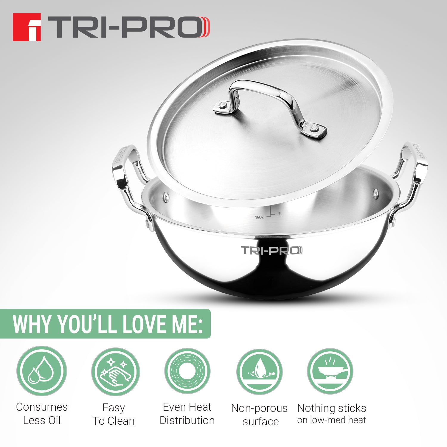 TriPro Tri-Ply Stainless Steel Deep Kadai