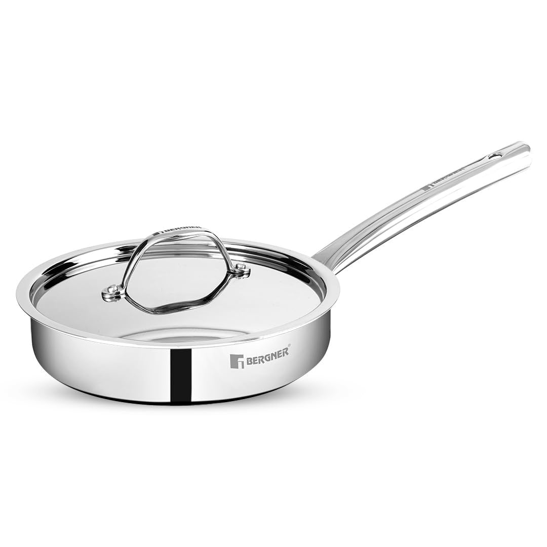 Bergner TriPro Tri-Ply Stainless Steel Sautepan/Deep Frypan with Lid, 2.5mm Body Thickness - Induction Bottom (5-Year Warranty)
