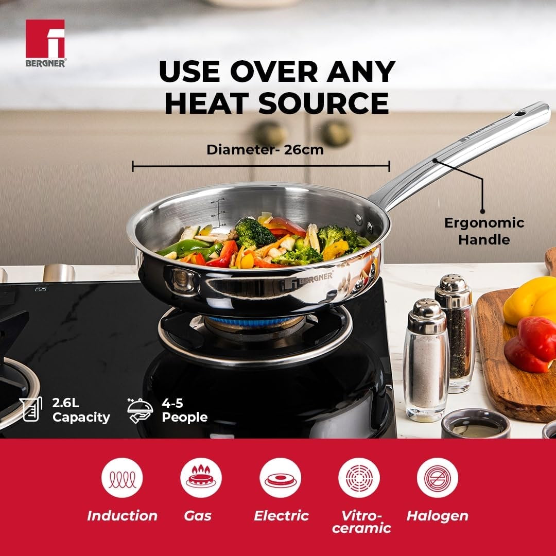Bergner TriPro Tri-Ply Stainless Steel Sautepan/Deep Frypan with Lid, 2.5mm Body Thickness - Induction Bottom (5-Year Warranty)