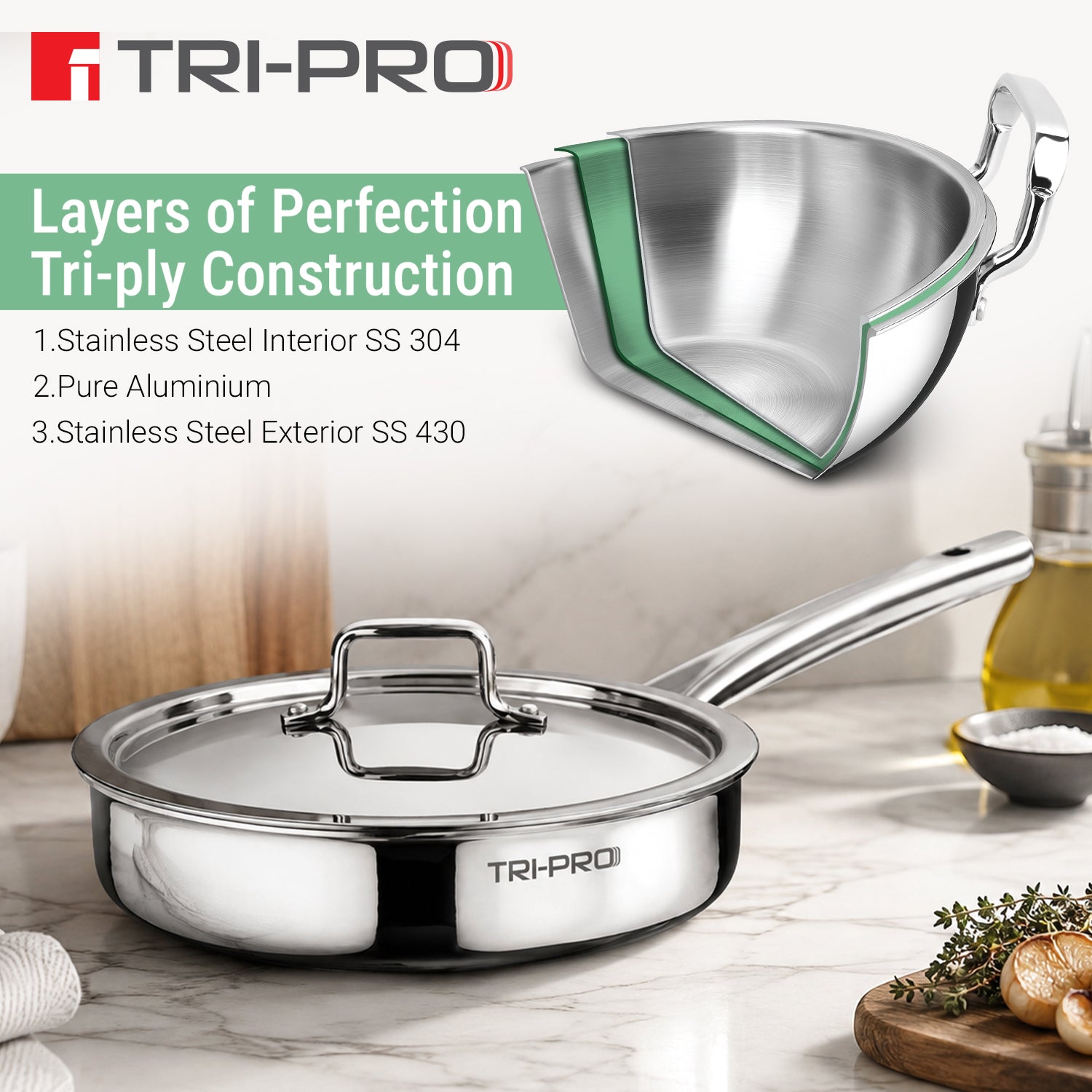 TriPro Tri-Ply Stainless Steel Sautepan/Deep Frypan