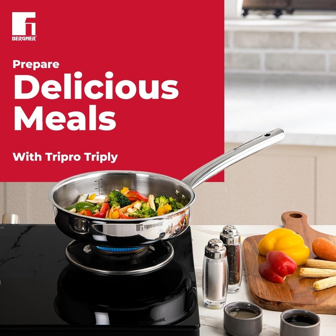 Bergner TriPro Tri-Ply Stainless Steel Sautepan/Deep Frypan with Lid, 2.5mm Body Thickness - Induction Bottom (5-Year Warranty)