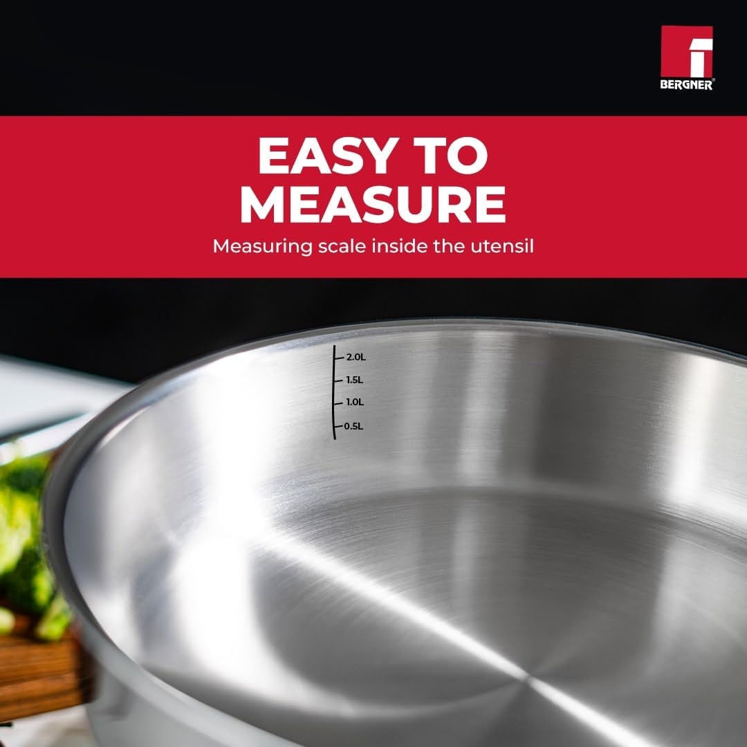 Bergner TriPro Tri-Ply Stainless Steel Sautepan/Deep Frypan with Lid, 2.5mm Body Thickness - Induction Bottom (5-Year Warranty)