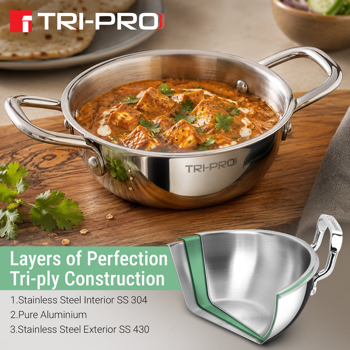 Tri-Pro Mini 14cm tri-ply stainless steel kadai serving paneer curry on a wooden board, featuring a 3-ply layer diagram: SS 304 interior, pure aluminium core, and SS 430 exterior