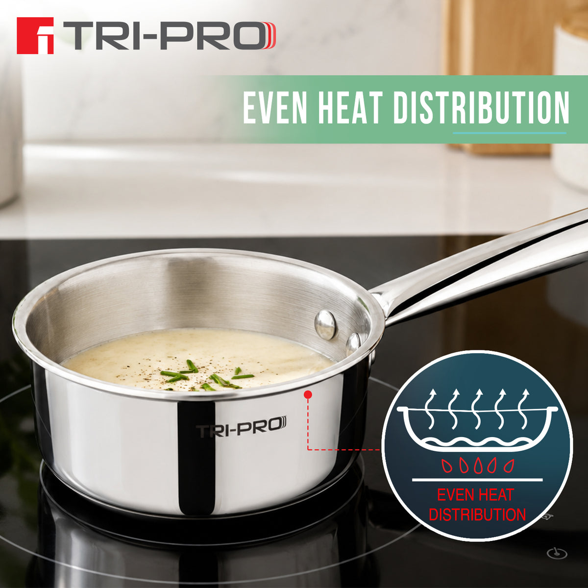 A TRI-PRO stainless steel saucepan with a long handle, shown on a black induction cooktop with soup inside. The image includes marketing text reading 'EVEN HEAT DISTRIBUTION' and a circular diagram illustrating even heat distribution.