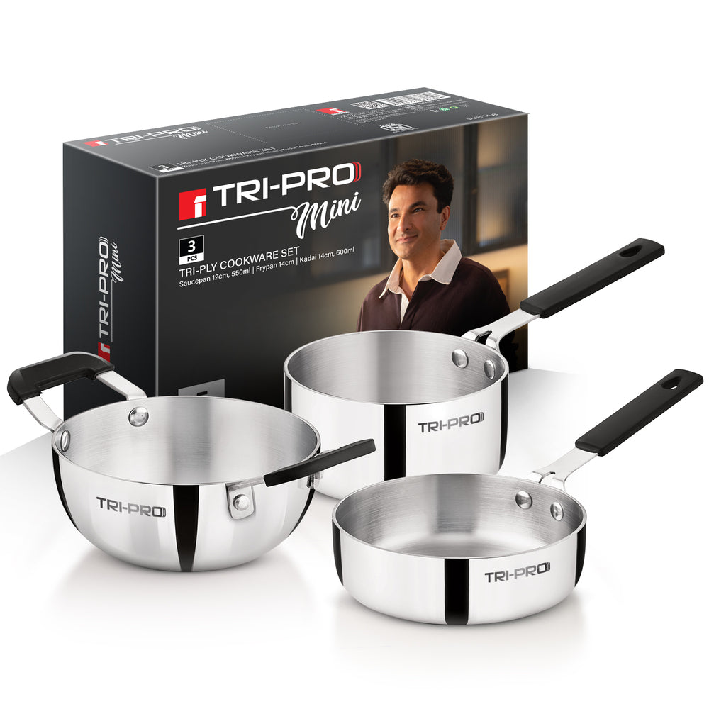TriPro Triply Mini Cookware Set 3 Pcs (12cm Saucepan + 14cm Frypan + 14cm Kadai)