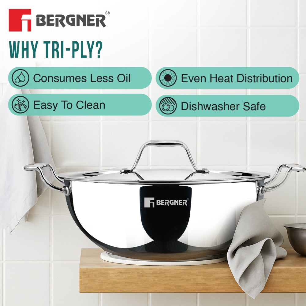 Argent Tri-Ply Stainless Steel Deep Kadai -  Induction Bottom