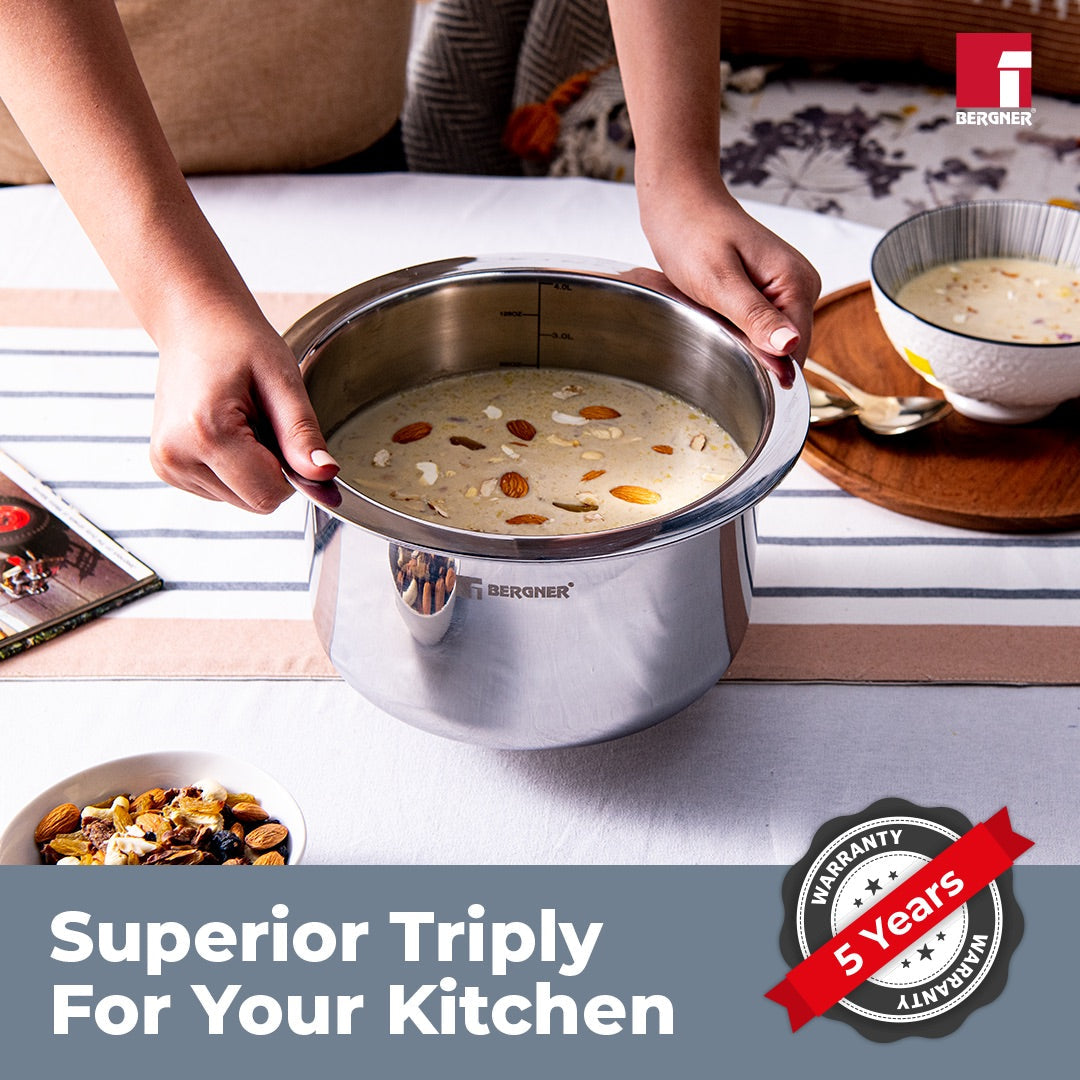 Bergner Argent Tri-Ply Stainless Steel Tope with Stainless Steel Lid - Induction Bottom (5-Year Warranty)