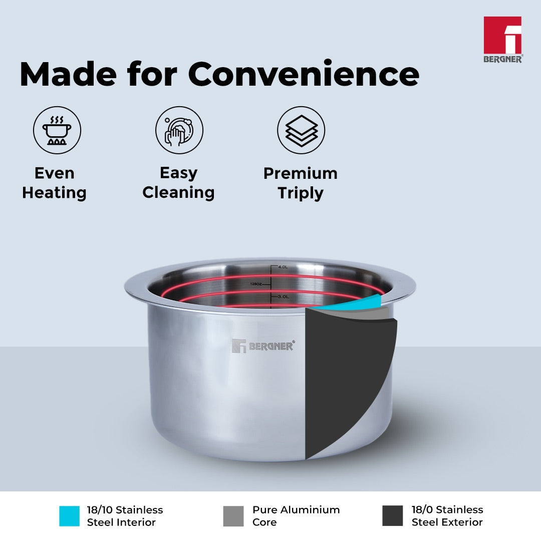 Bergner Argent Tri-Ply Stainless Steel Tope with Stainless Steel Lid - Induction Bottom (5-Year Warranty)