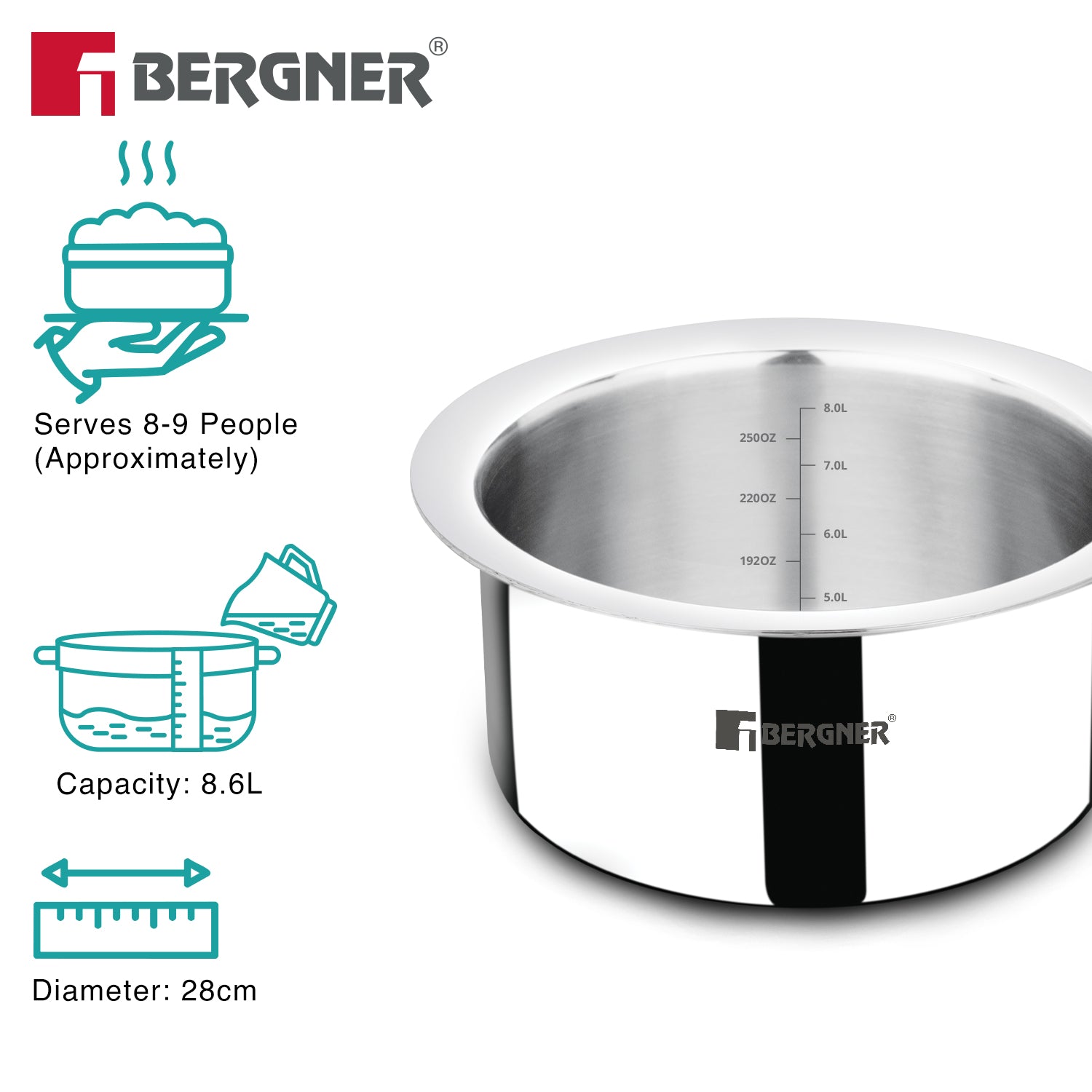 Argent Triply 28cm (8.6L) Tope with Stainless Steel Lid