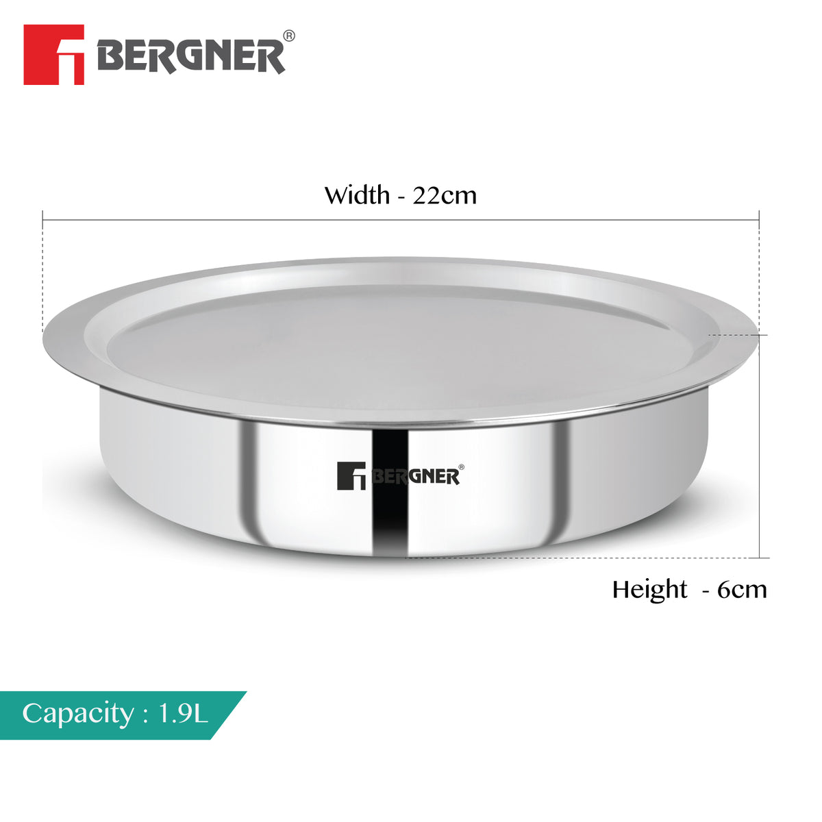 Bergner Argent Tri-Ply Stainless Steel 22cm (1.9 Liters) Lagdi with Stainless Steel Lid - Induction Bottom (5-Year Warranty)