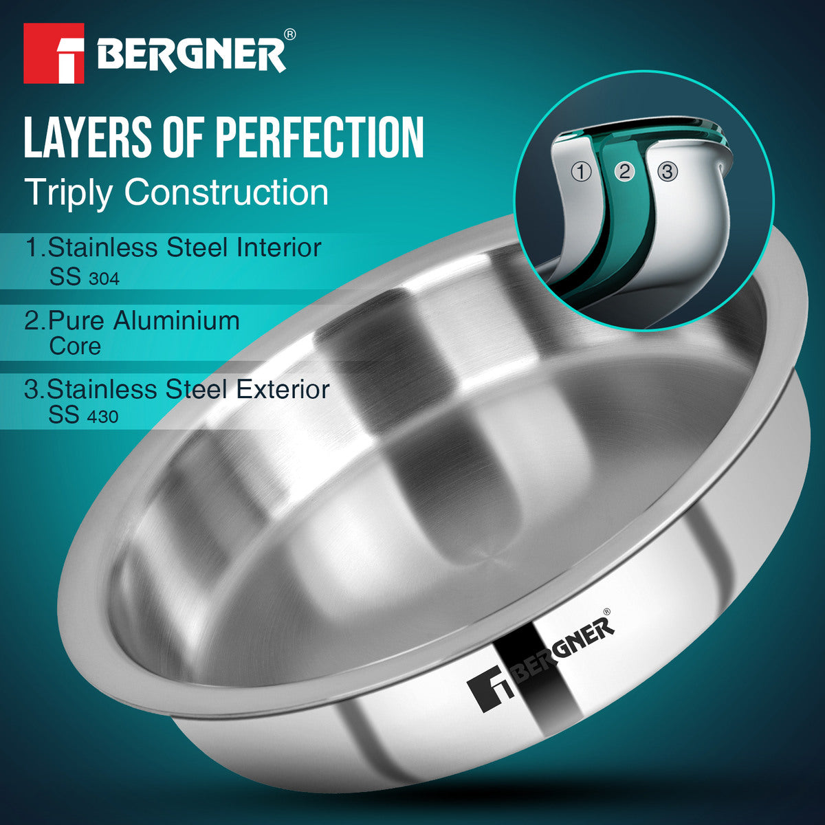 Bergner Argent Tri-Ply Stainless Steel 24cm (2.6 Liters) Lagdi with Stainless Steel Lid - Induction Bottom (5-Year Warranty)
