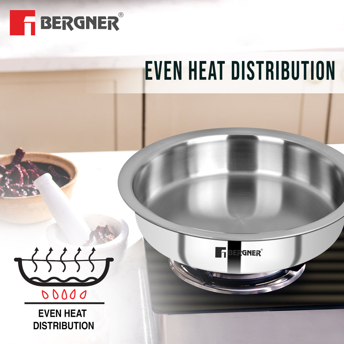 Bergner Argent Tri-Ply Stainless Steel 24cm (2.6 Liters) Lagdi with Stainless Steel Lid - Induction Bottom (5-Year Warranty)