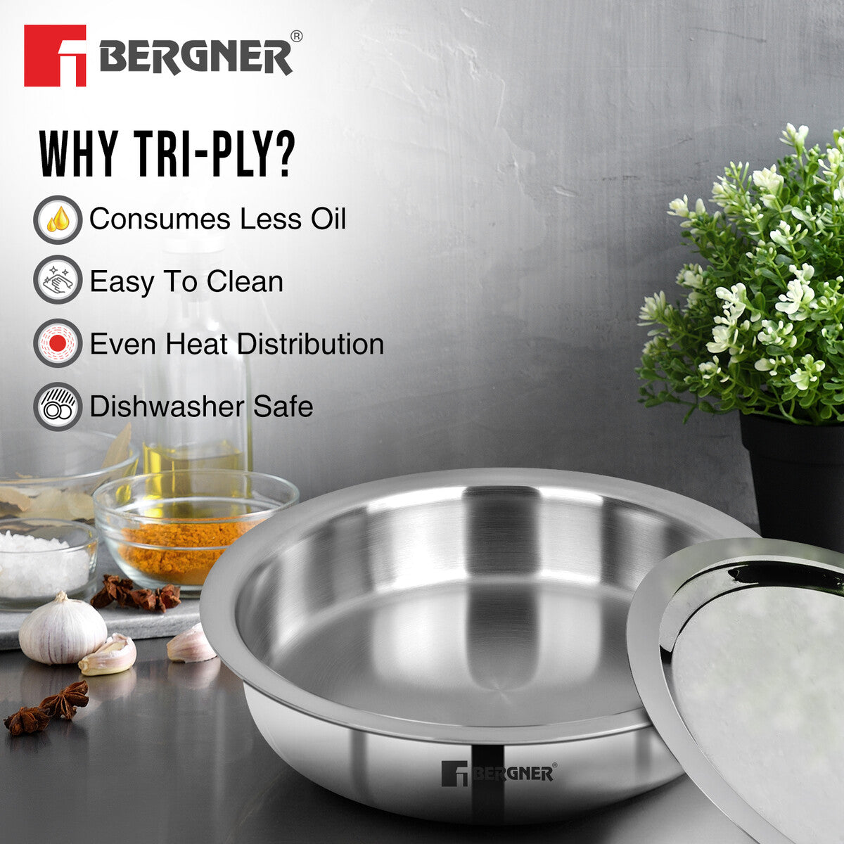 Bergner Argent Tri-Ply Stainless Steel 24cm (2.6 Liters) Lagdi with Stainless Steel Lid - Induction Bottom (5-Year Warranty)