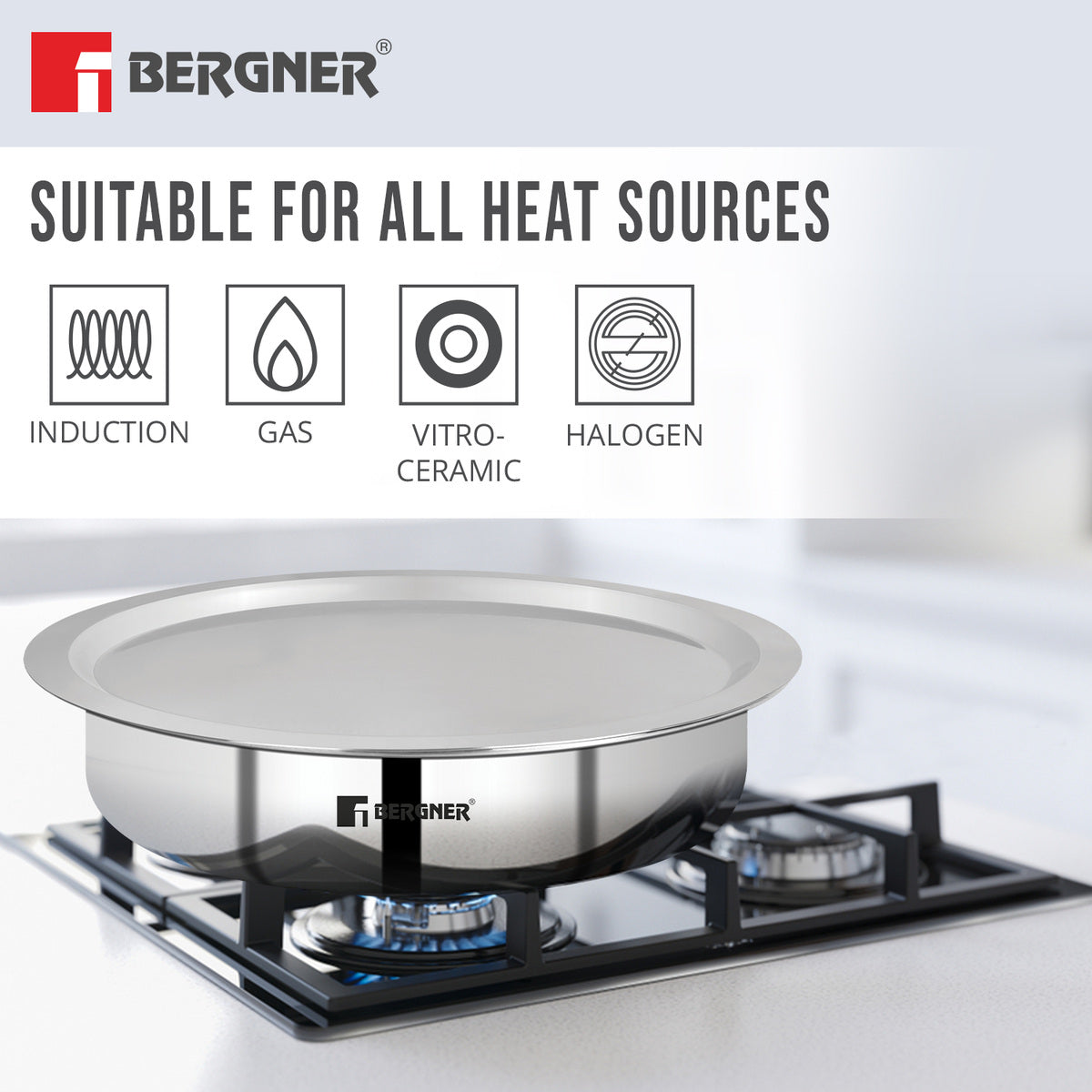 Bergner Argent Tri-Ply Stainless Steel 24cm (2.6 Liters) Lagdi with Stainless Steel Lid - Induction Bottom (5-Year Warranty)