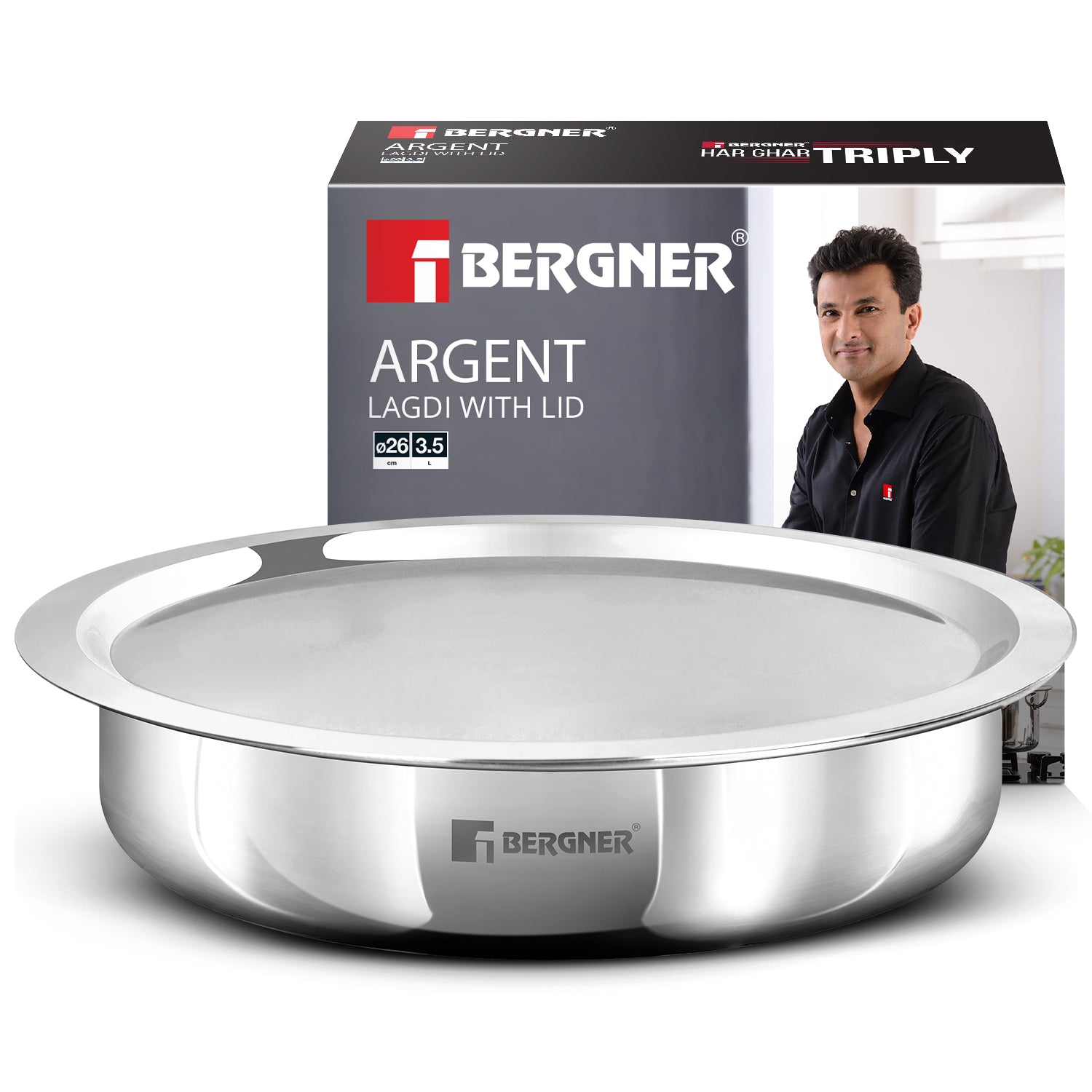 Argent Tri-Ply Stainless Steel 26cm (2.1 L) Lagdi with Lid