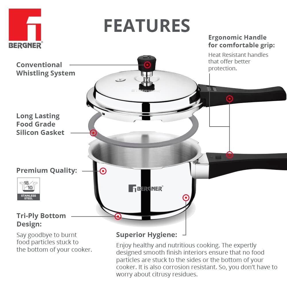 Bergner Sorrento Stainless Steel Outer Lid Pressure Cooker, Tri-Ply Induction Bottom (5-Year Warranty)