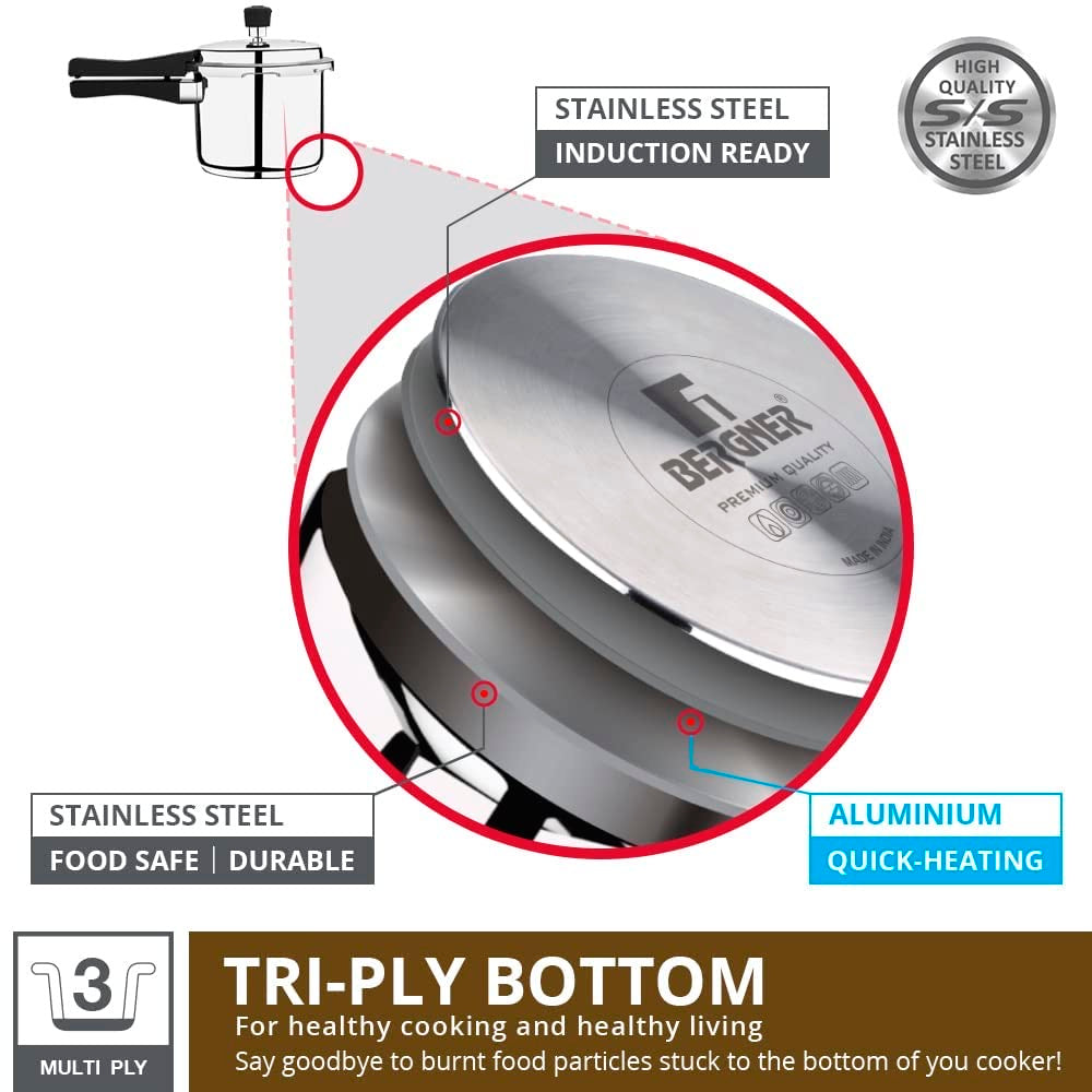 Bergner Sorrento Stainless Steel Outer Lid Pressure Cooker, Tri-Ply Induction Bottom (5-Year Warranty)