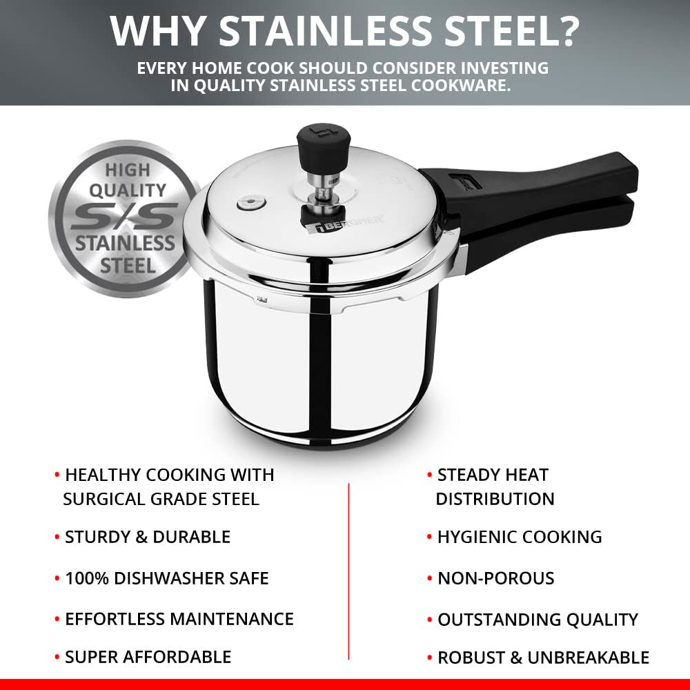 Bergner Sorrento Stainless Steel Outer Lid Pressure Cooker, Tri-Ply Induction Bottom (5-Year Warranty)