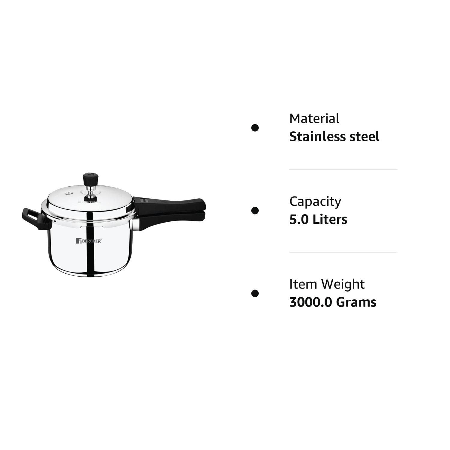 Bergner Sorrento Stainless Steel Outer Lid Pressure Cooker, Tri-Ply Induction Bottom (5-Year Warranty)
