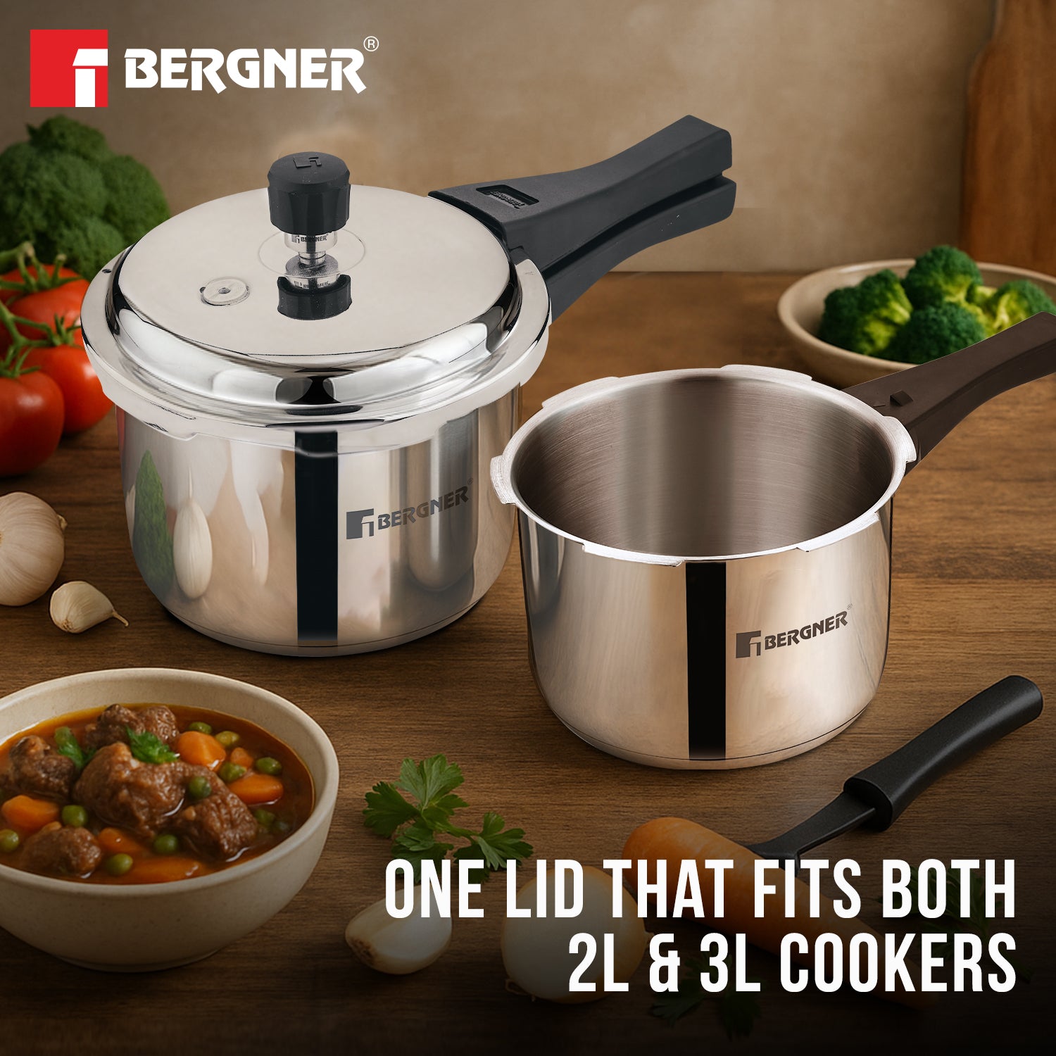 Sorrento Stainless Steel Outer Lid Pressure Cooker Combo of 2 L & 3 L with a Common Lid