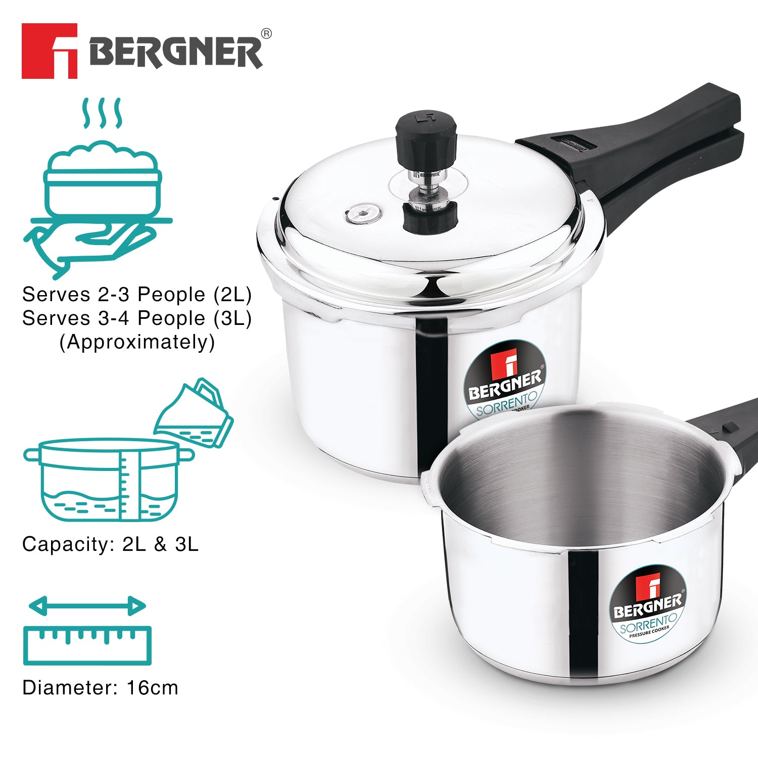 Sorrento Stainless Steel Outer Lid Pressure Cooker Combo of 2 L & 3 L with a Common Lid