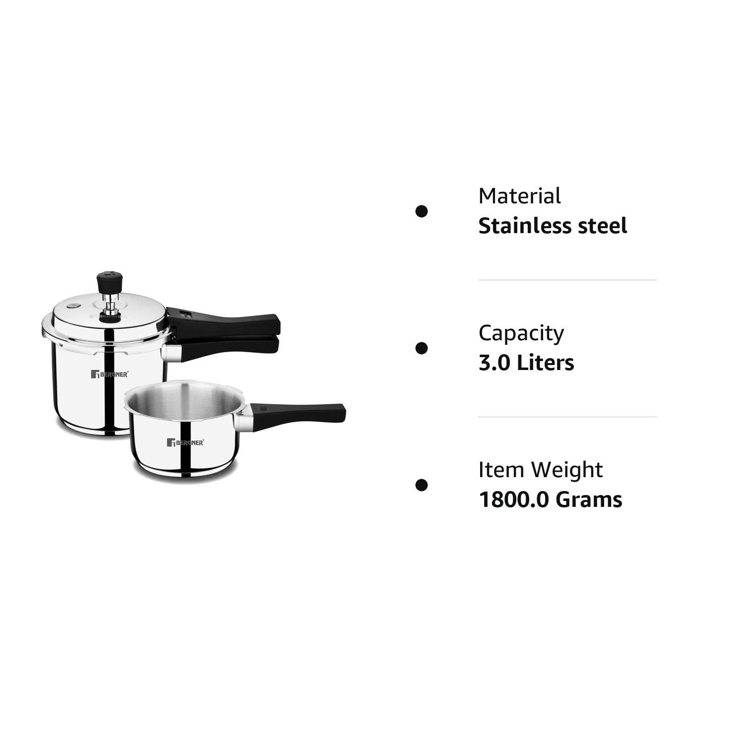 Bergner Sorrento Stainless Steel Outer Lid Pressure Cooker Combo of 2 L & 3 L with a Common Lid, Induction Bottom (5-Year Warranty)