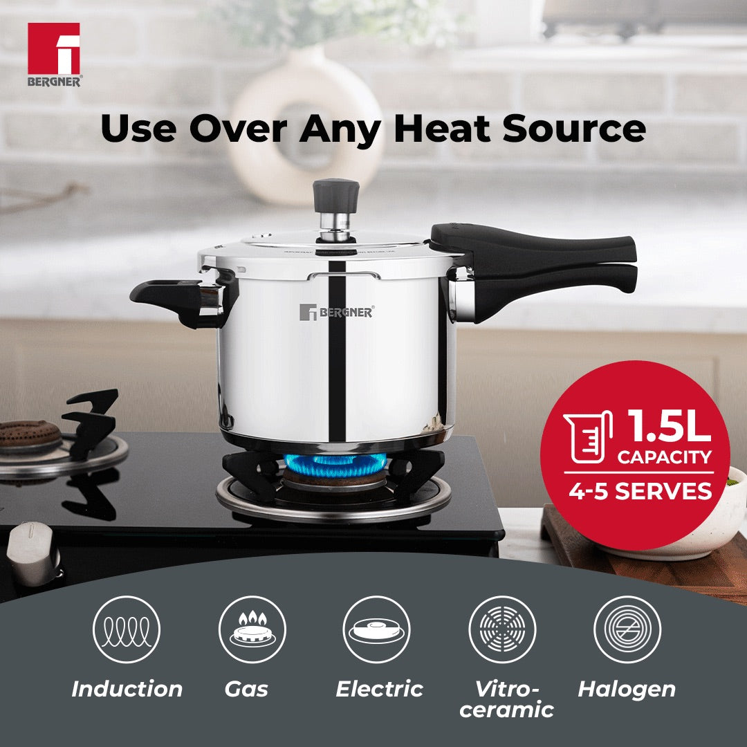 Bergner Pura Stainless Steel Outer Lid Pressure Cooker, Tri-Ply Induction Bottom (5-Year Warranty)