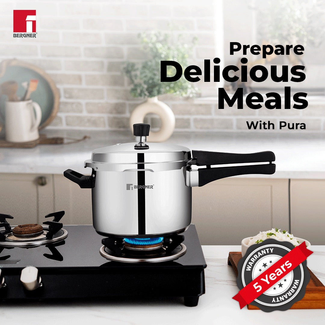 Bergner Pura Stainless Steel Outer Lid Pressure Cooker, Tri-Ply Induction Bottom (5-Year Warranty)