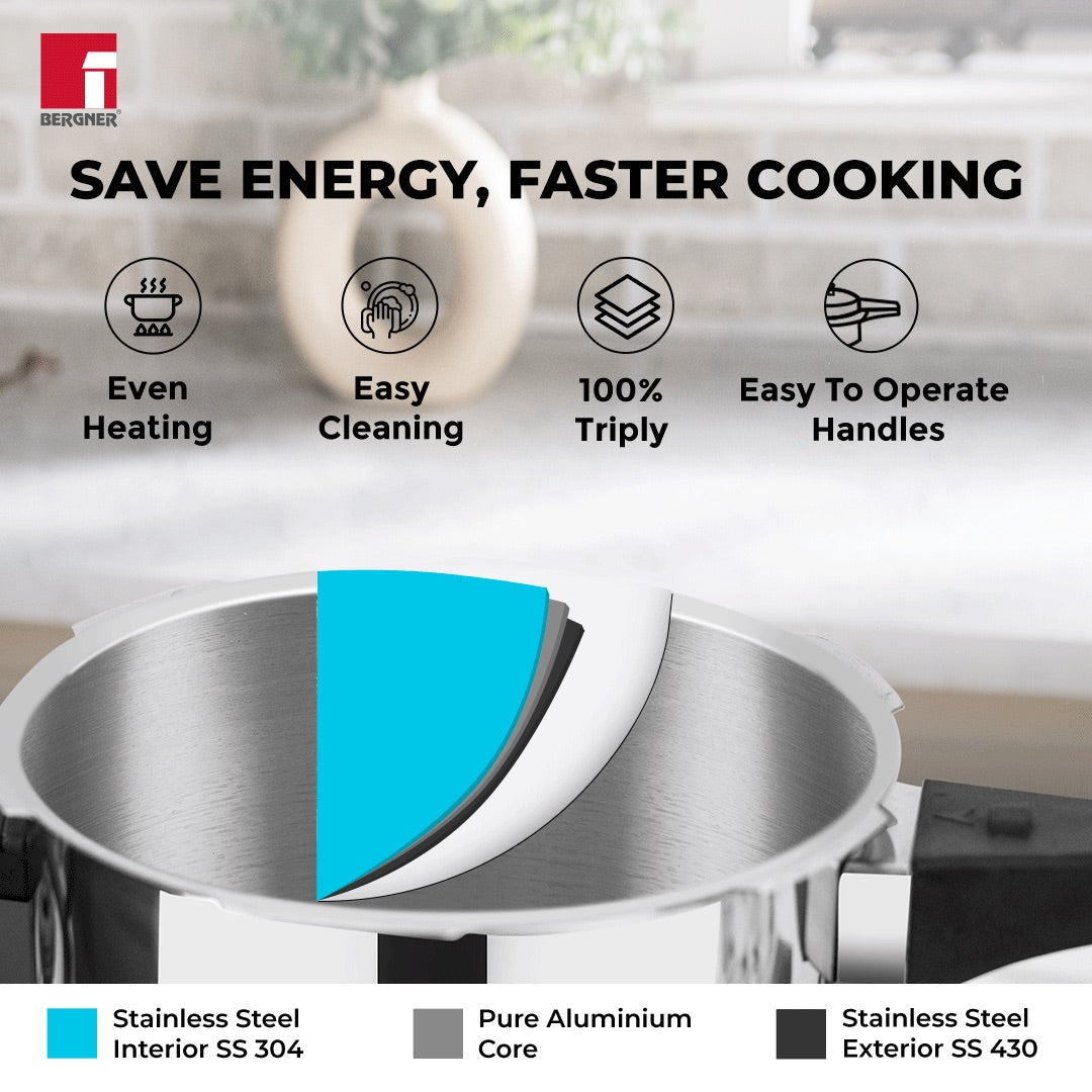 Bergner Pura Stainless Steel Outer Lid Pressure Cooker, Tri-Ply Induction Bottom (5-Year Warranty)