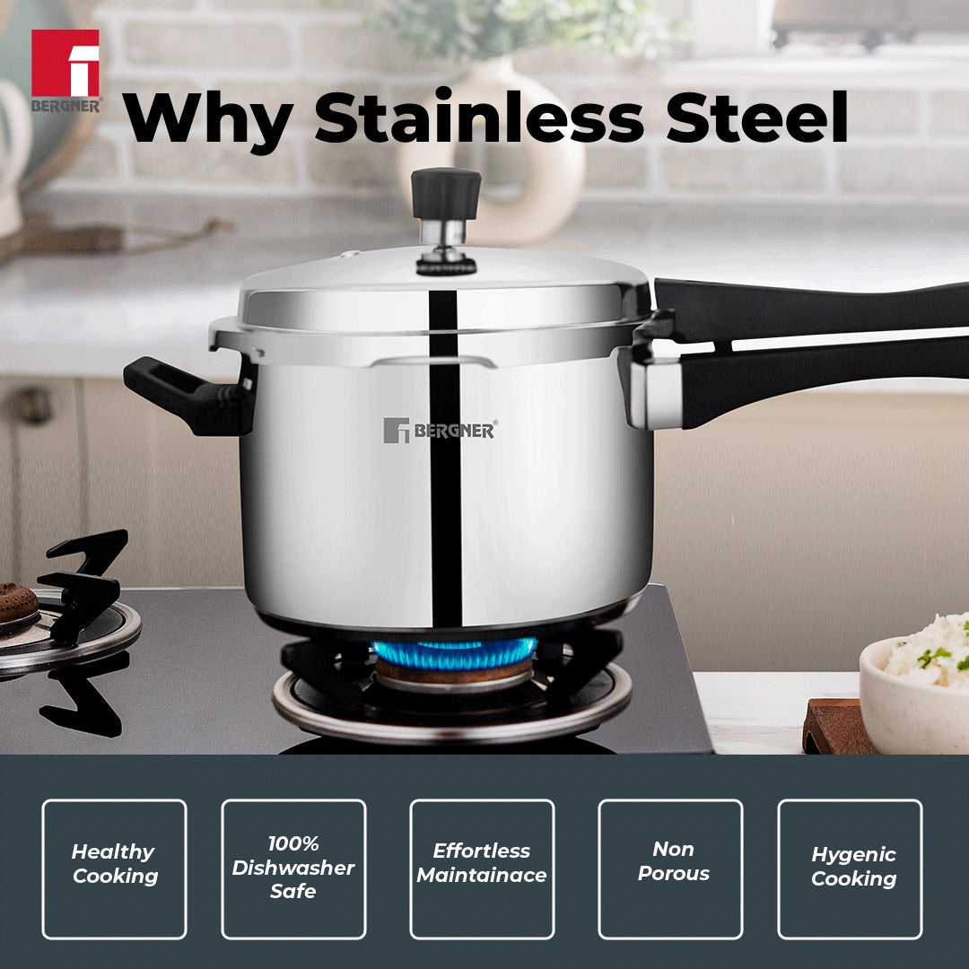 Bergner Pura Stainless Steel Outer Lid Pressure Cooker, Tri-Ply Induction Bottom (5-Year Warranty)