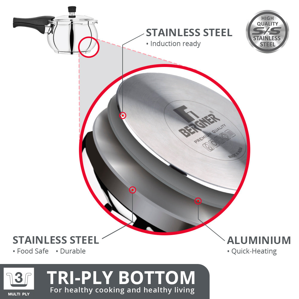 Bergner Pura Stainless Steel Belly Shape Outer Lid Pressure Cooker, Tri-Ply Induction Bottom (5-Year Warranty)