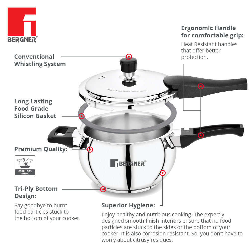Bergner Pura Stainless Steel Belly Shape Outer Lid Pressure Cooker, Tri-Ply Induction Bottom (5-Year Warranty)