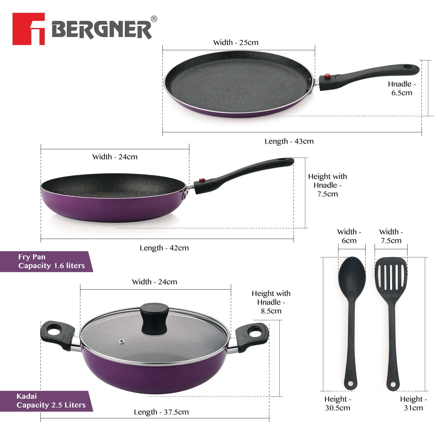 Sherry Plus Non-Stick 6 pcs Cookware Set, Detachable Handle (Purple)